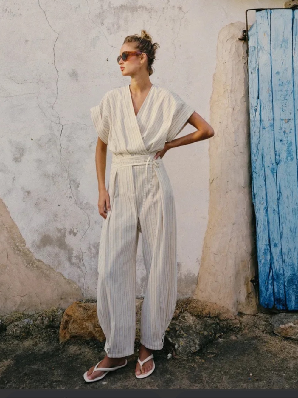 ZARA striped belted jumpsuit in ecru and blue